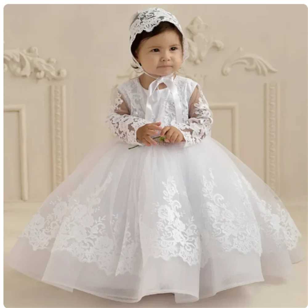 Baby Baptism White Flower Girl Dresses Tulle Appliques With Bow Long Sleeve For Wedding Birthday Holy Communion Gowns X250203