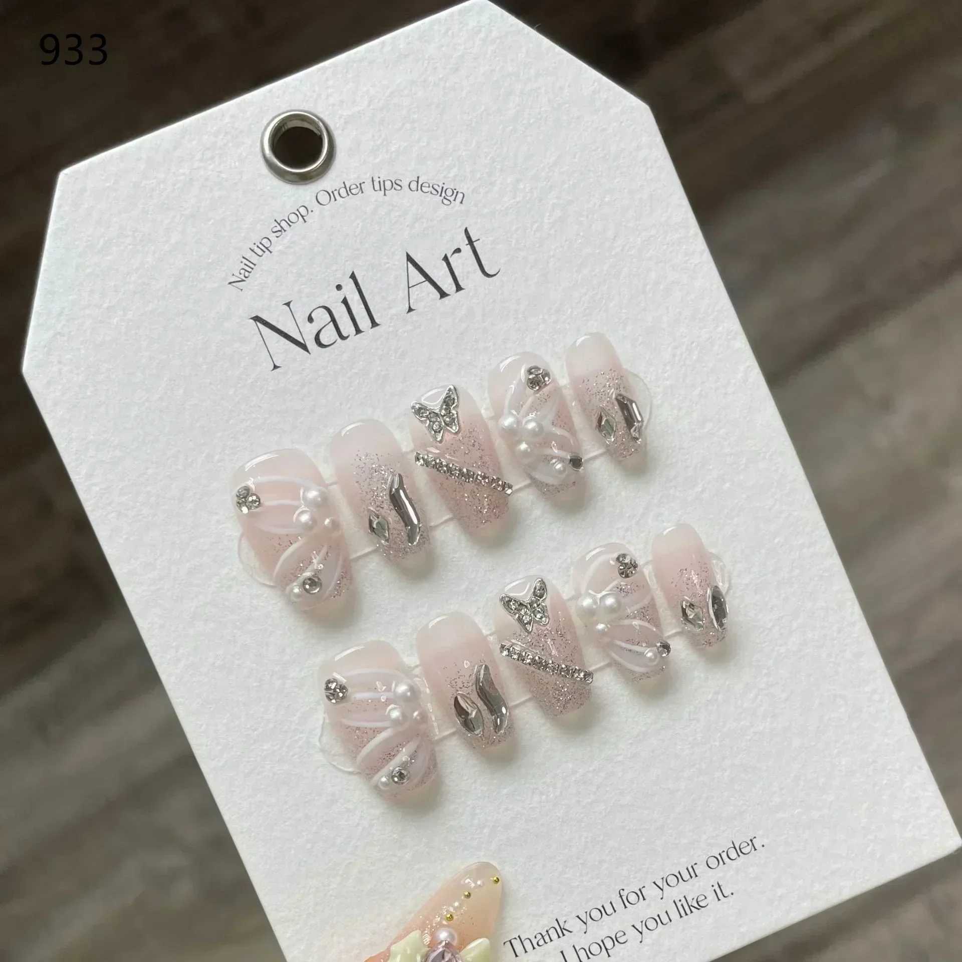 10 pieces of pink French Y2k nail tip ballet handmade fake nails wearable fake nails with rhinestone press on the nailsW250120