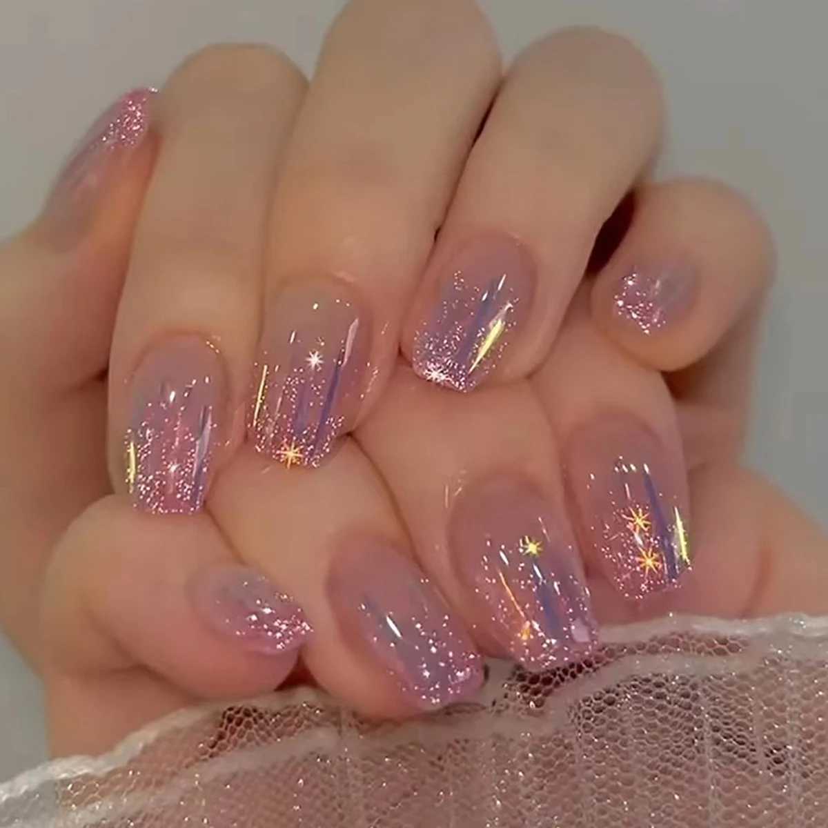 Trend Fashion Women Girls 24Pcs/Set Medium Coffin Shaped French Glitter Powder Star Stripe Wearable Fake Nail Press on Nail ArtW250120