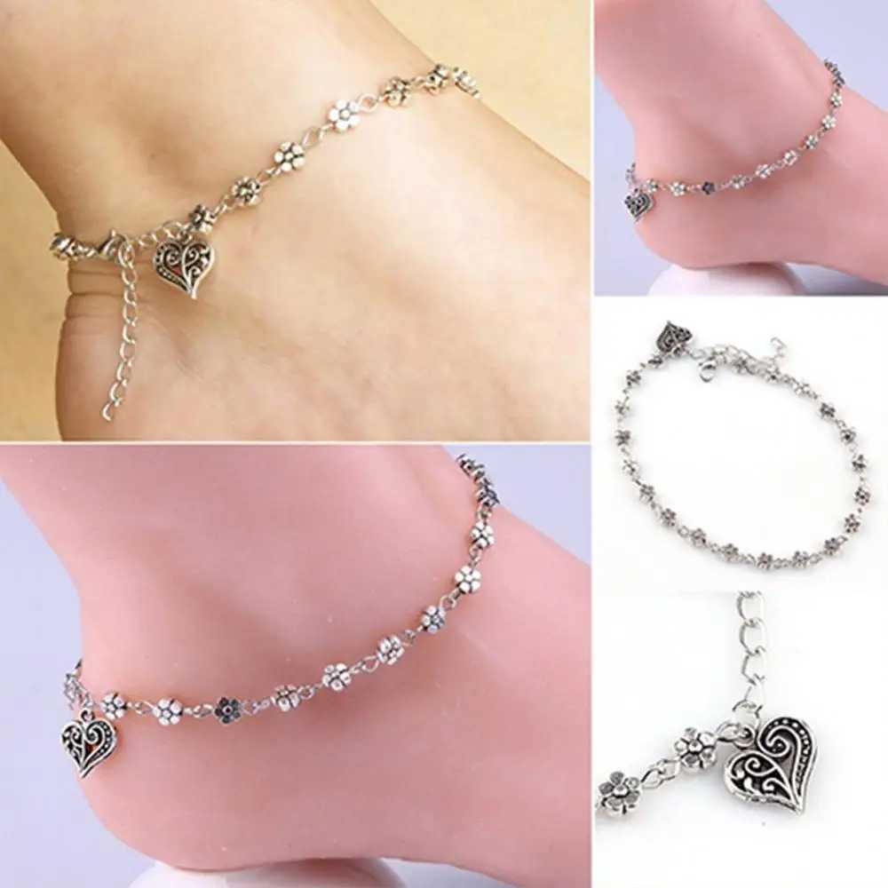 Vintage Retro Womens Anklet Heart Flowers Barefoot Sandal Beach Anklet Thin Chain Foot JewelryXJ250121