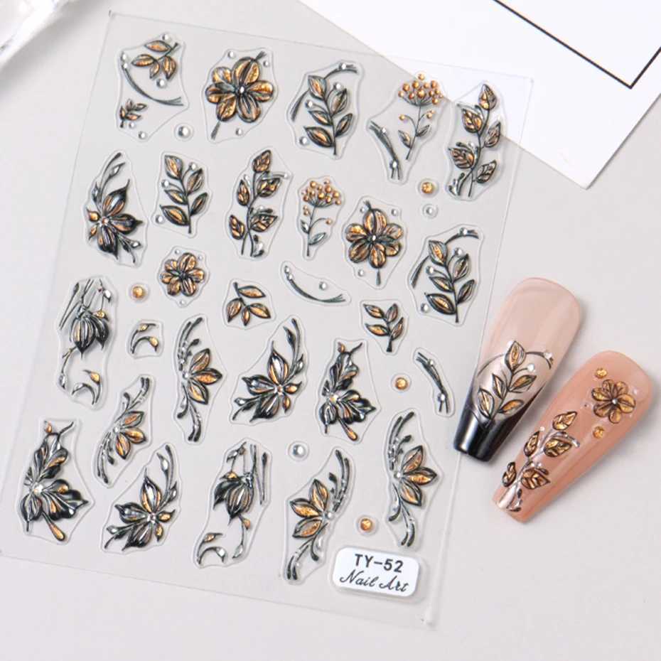 5D Black Gold Flowers Nail Art Stickers Shiny Glitter Petals Autumn Leaves Nail Decals Watercolor Floral Adhesive Manicure DecorXJ250120