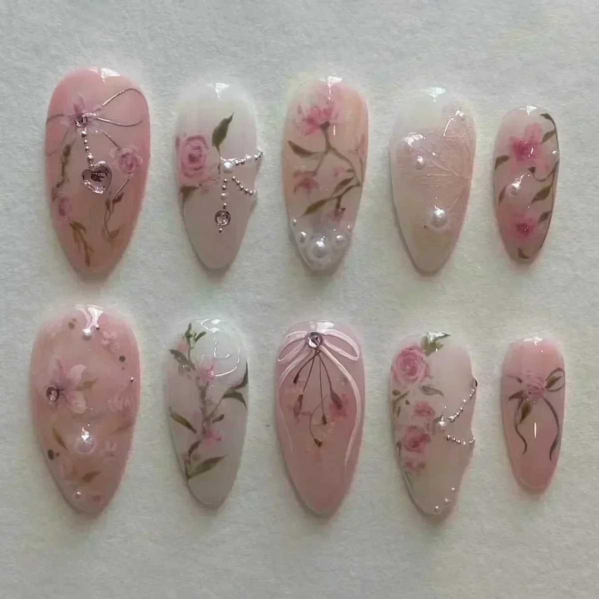 24pcs Detachable Almond bowknot French False Nails Stars Love Glitter Design Press on Nails Fake Nials DIY Manicure NailsW250120