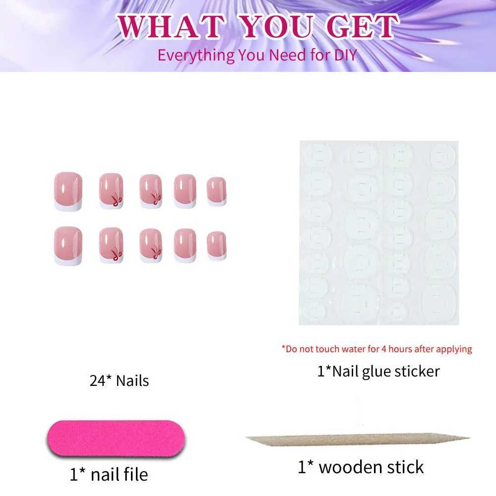 24pcs short square press nails simple white French nails with bow trim short coffin shaped fake nails for women and girls incW250120
