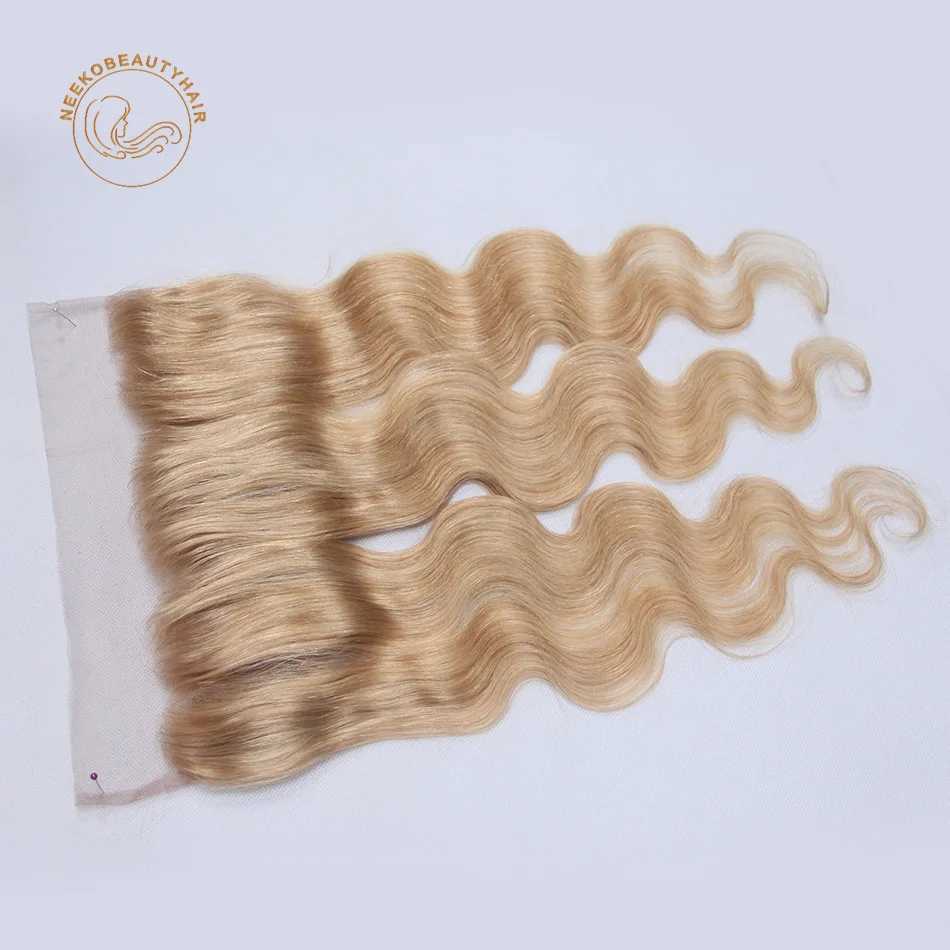 Honey Blonde Human Hair Bundles with Lace Frontal Ash Blonde Colored Hair Bundles with Frontal Body Wave Hair Color #27XJ250120
