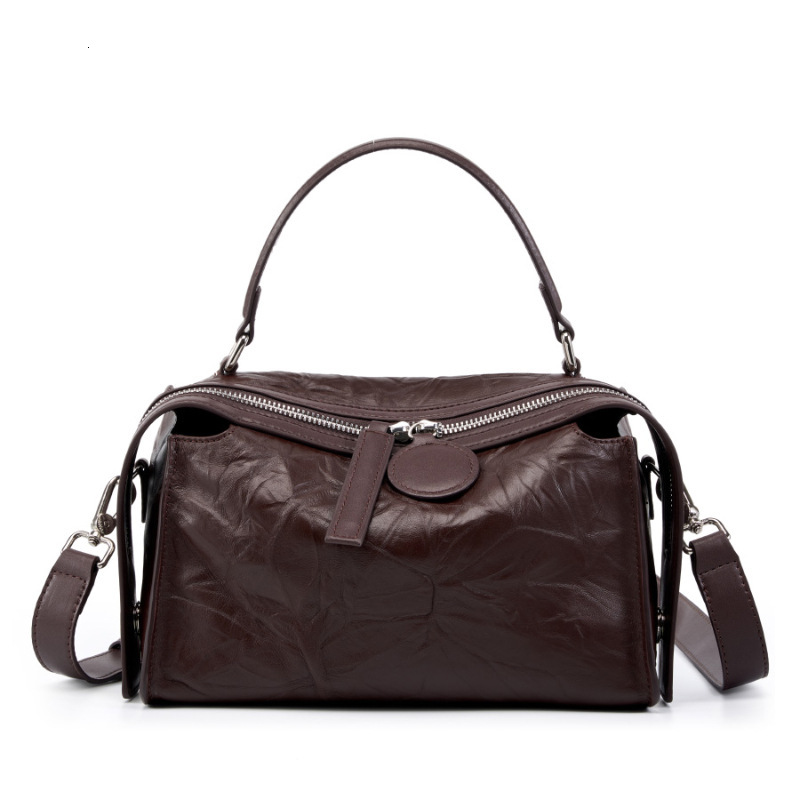 Bag Autumn And Winter New High-End Boston Light Luxury First Layer Pleated Cowhide Leather Women's Bag, Clutch Pattern Pillow Bag