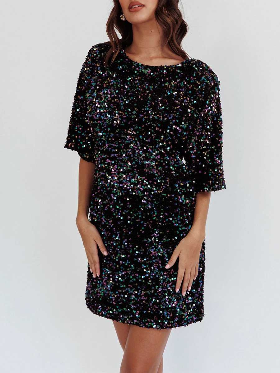 Women s Sequin Dress Casual Loose Sparkly Round Neck Short Sve Open Back Tie-Up Mini T-Shirt Dress for Party ClubXJ250115