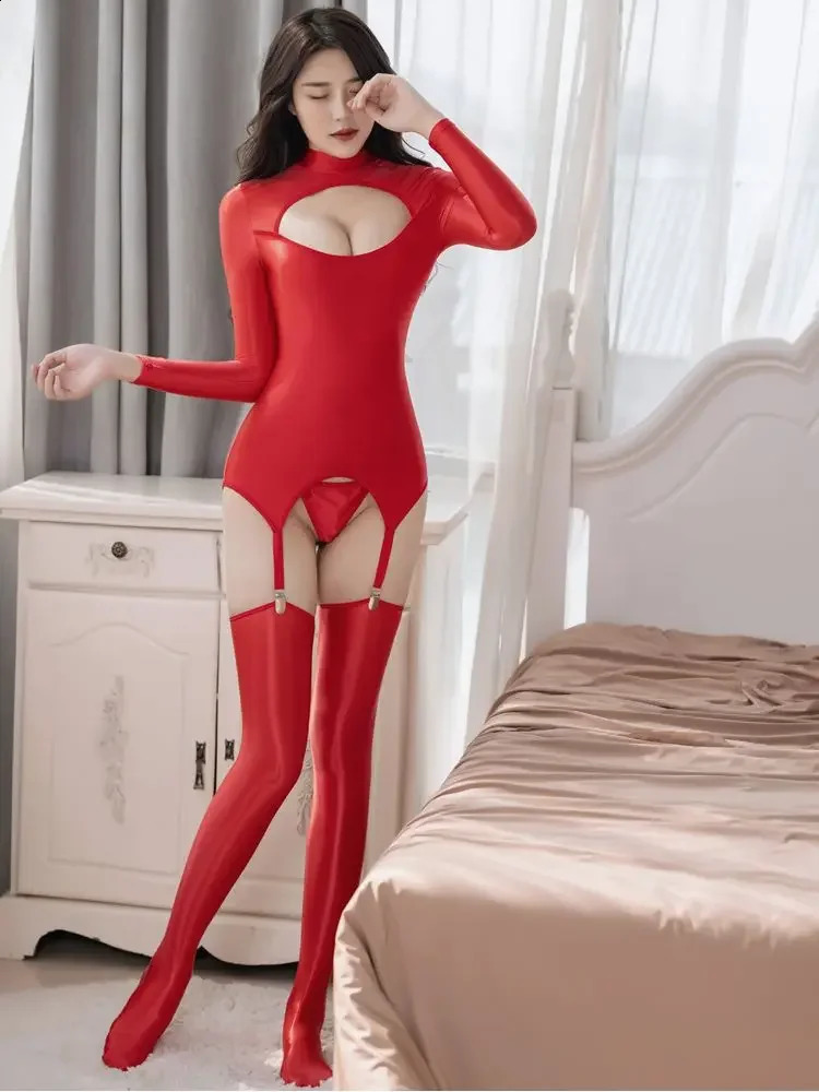 Sexy Lingerie Clubwear Outfit Hollow Out Bust Crotchless Open Crotch Bodysuit Garter Set Suspender Belt Stocking 250108