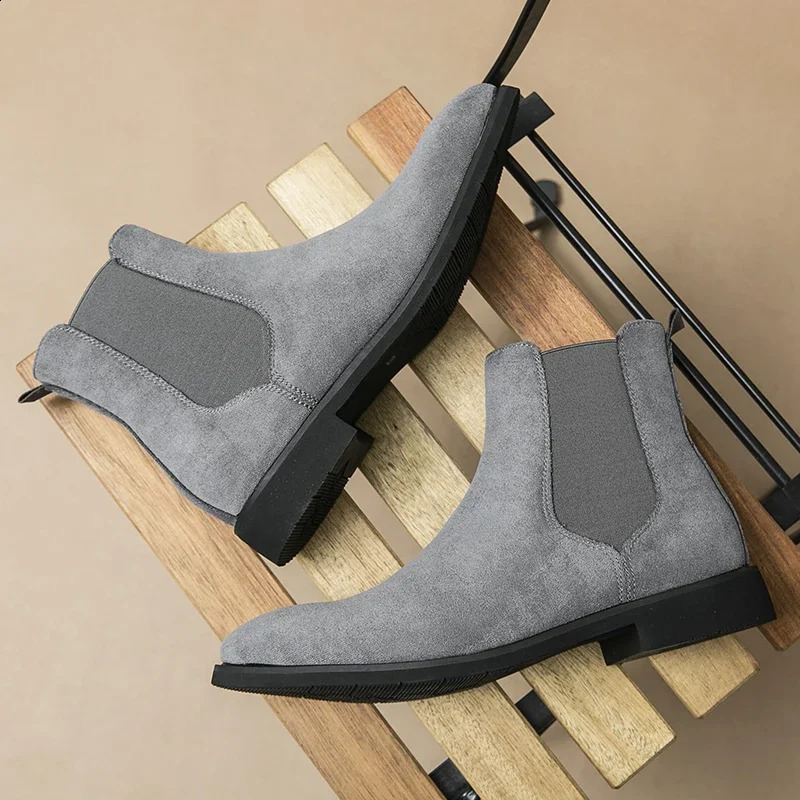Gray Chelsea Boots for Men Flock Business Men Ankle Boots Cowboy Boots Handmade Men Size 38- Zapatos De Hombre 250120