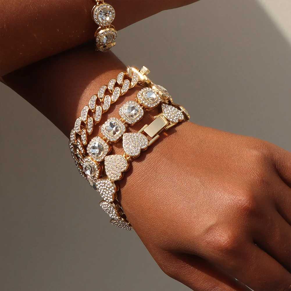 Iced Out Crystal Heart Tennis Chain Miami Cuban Link Chain Bracelet for Women Men Hiphop Chunky Chains Bracelets Jewelry W250121
