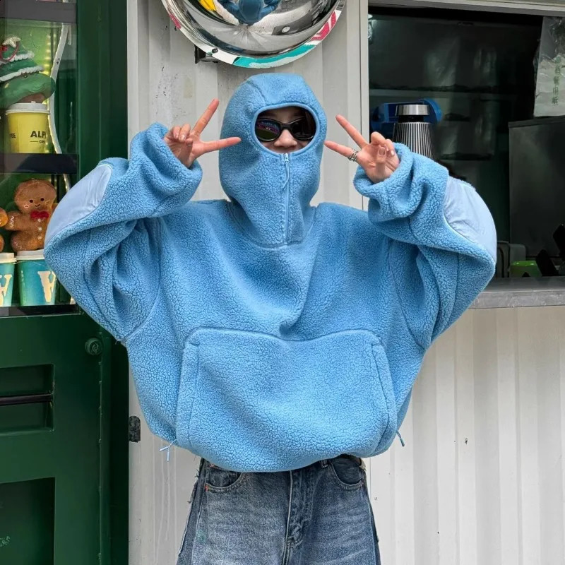 Aesthetic solid polar fleece plus velvet thickened warm winter hooded jacket women street fashion versatile casual half-zip Coat 250122