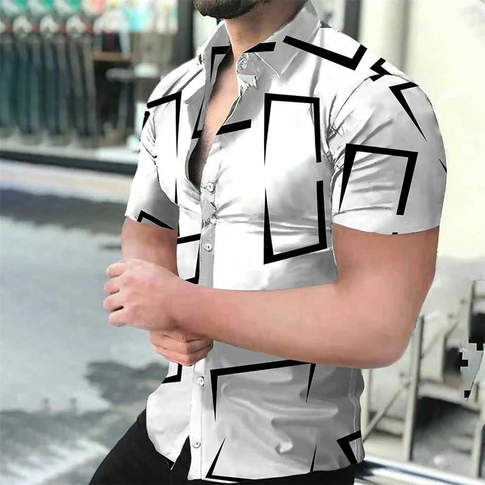 Mens Geometric Lines Solid Color Printed Shirt Short Sleeve Button Comfortable Mens Shirt Hawaii Business Leisure Vacation TopXJ250121