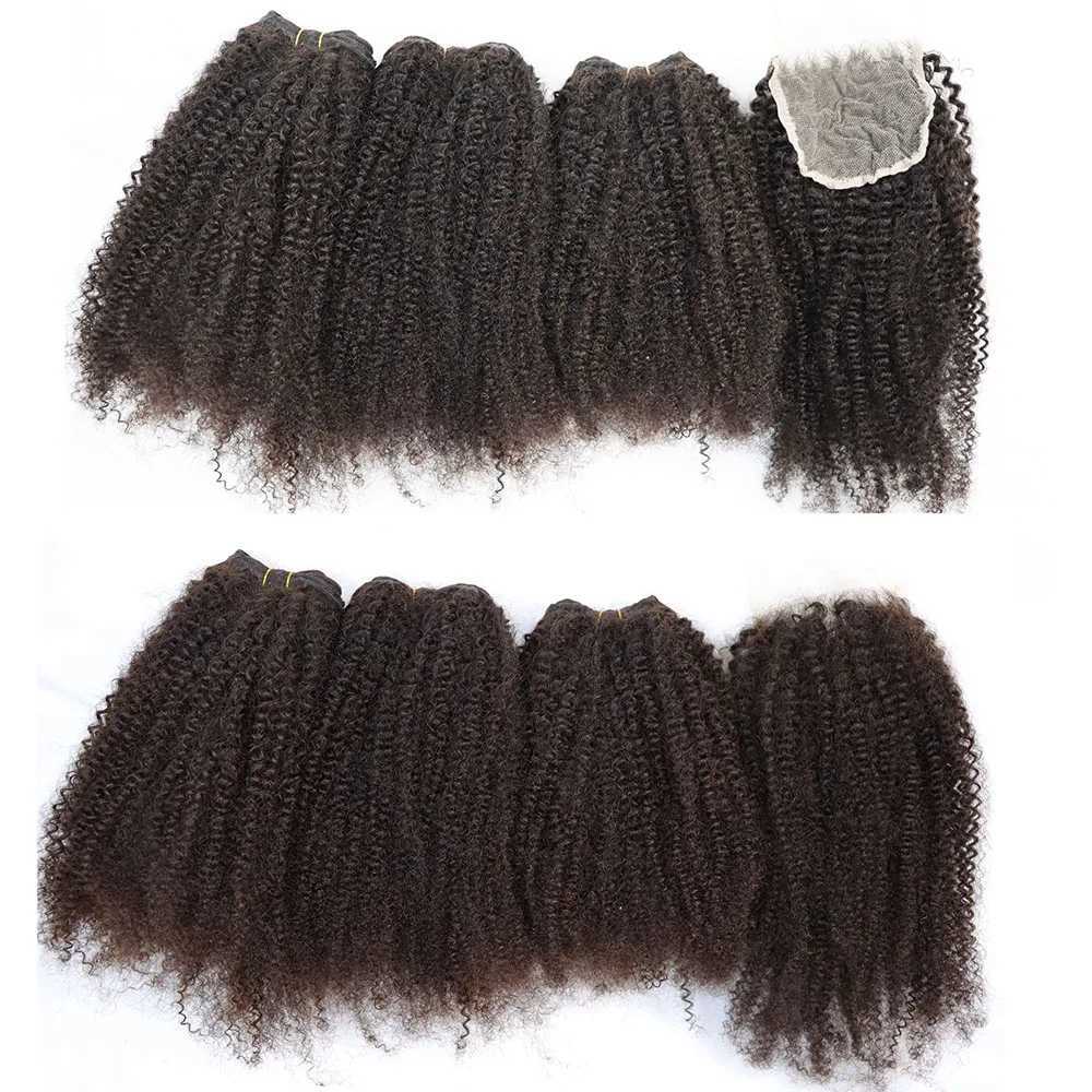 Afro Kinky Curly Virgin Human Hair Bundles with Frontal Natural Color Curly Brazilian Hair Weft with Lace Clo Full HeadXJ250120