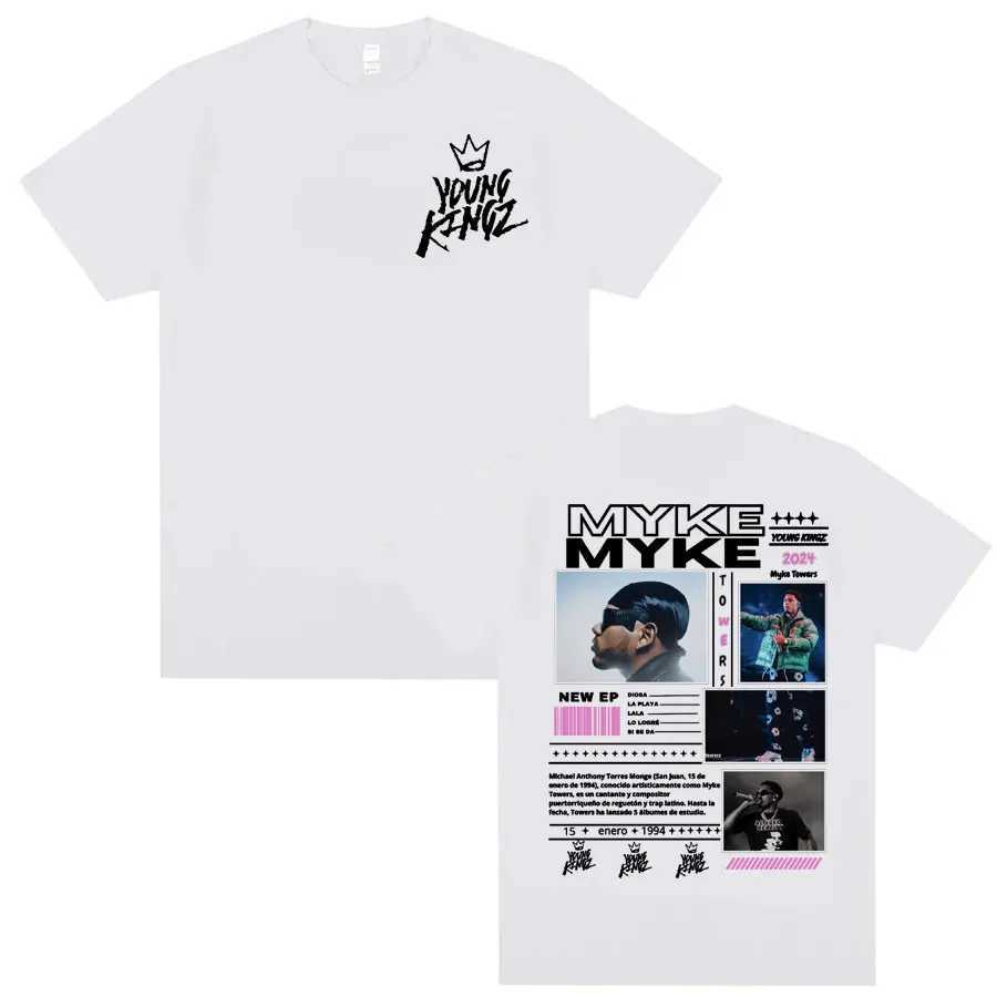 Rap singer Myke Towers Young Kingz tour Merch T-shirt mens fashion retro hip-hop T-shirt casual short sleeved cotton T-shirt X250203