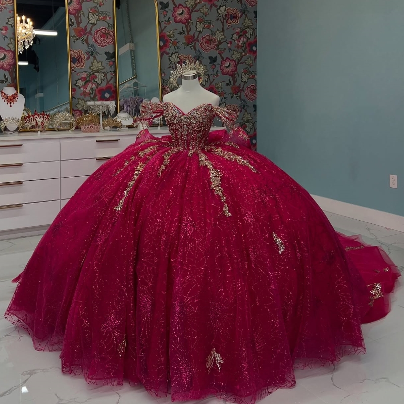 Rose Red Quinceanera Dresses Ball Gown Off Shoulder Sequin Appliques Lace Beads Bow Tull Corset Birthday Party Sweet 16 Dress VesVestidos 15 De Anos