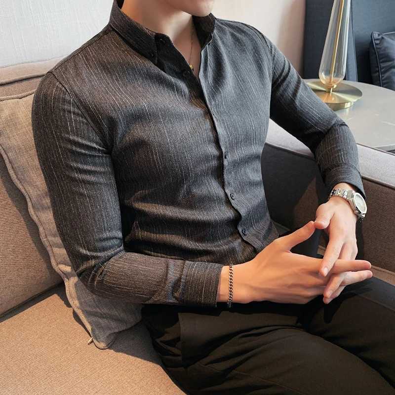 Retro Striped Shirt for Men 2023 Autumn New Slim Fit Business Formal Wear Dress Shirts Streetwear Social Party Clothing 4XL-MXJ250121