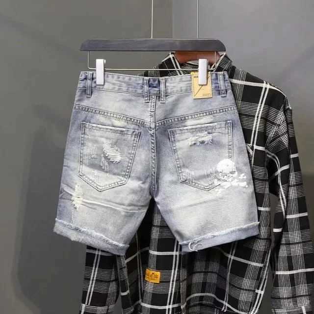 Summer Mens Worn Bead Hole Beggar Stretch Ripped Short Jeans Men Streetwear Korean Fashion Slim Fit Denim Shorts X250203