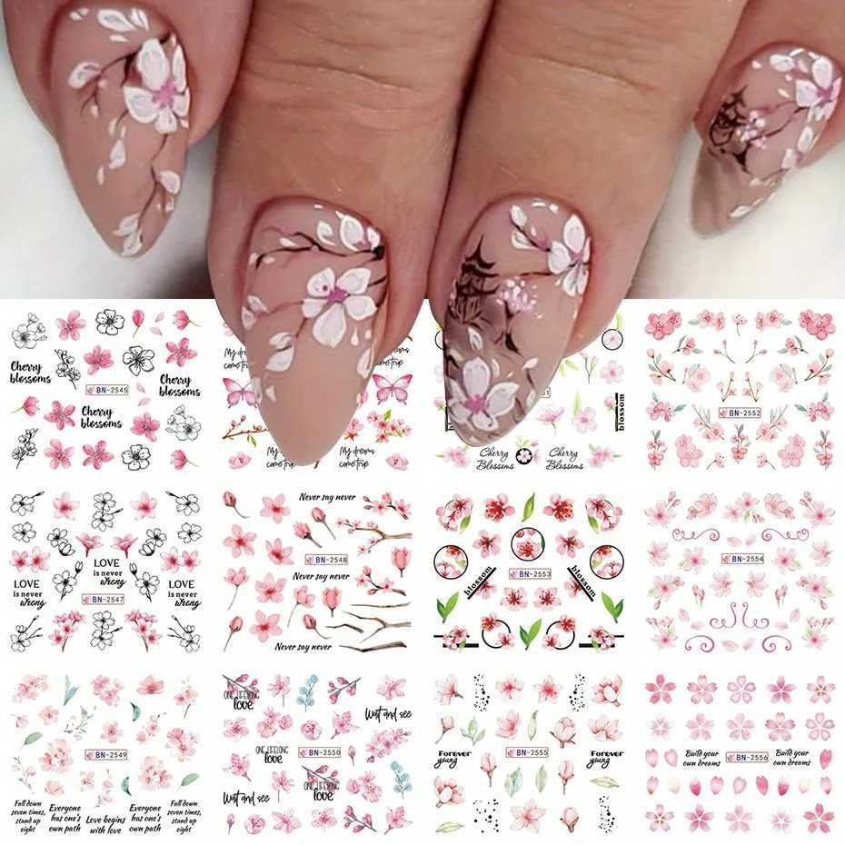 12pcs Pink Cherry Blossom Water Nail Sliders Winter New Year Sakura Floral Leaves Stickers DIY Charm Accessories Manicure DecorXJ250120
