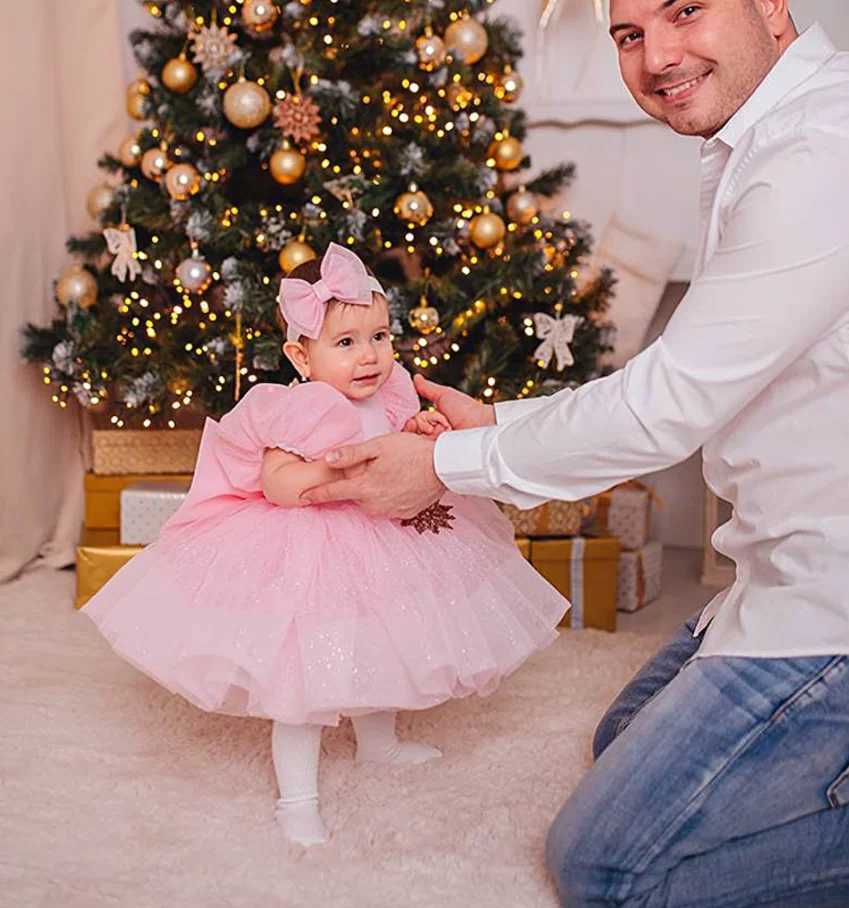 New Tailored Girls Dress Puffy Pink Kids Bow Christening Princess 1st Brithday Dresses Toddler Children Tutu Baby Girl Clothes X250203