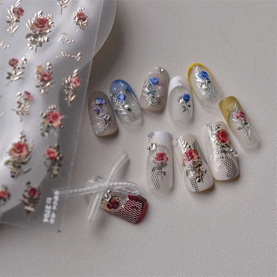 Japanese Vintage Red Blue Rose Flower Laser Gold Silver Nail Stickers Nail Art Decal Design Manicure Tool High QualityXJ250120