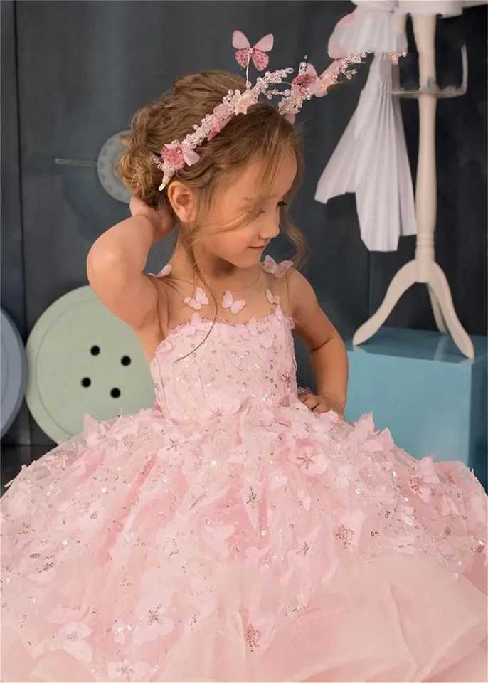 Pink Puffy Sleeveless Appliqu Flower Girl Dress Pretty Princess Dress First Communion Child Butterfly Childrens Clothing X250203