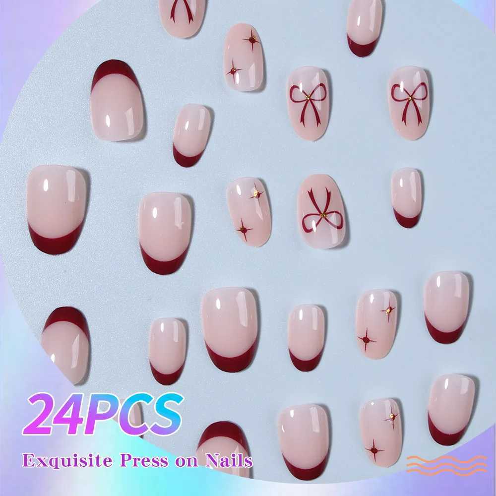 24pcs short oval French fake nails simple ins style bow sweet girl wind Mang star red edge French bright design fake nails whiW250120