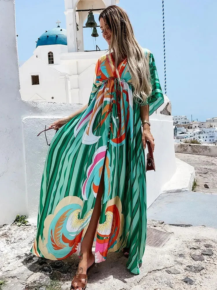 Bikini Cover-ups Boho Print Long Dress Self Belted Sexy Beach Tunic Summer Women Beach Wear Swim Suit Cover Up A932 250118