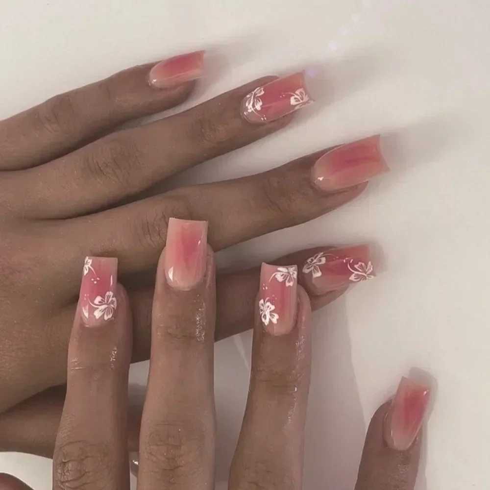 24pcs Pink Fake Nail with Glue Cute White Artificial Nails Wearable Press on Acrylic Nails Square False Nails Press UsW250120