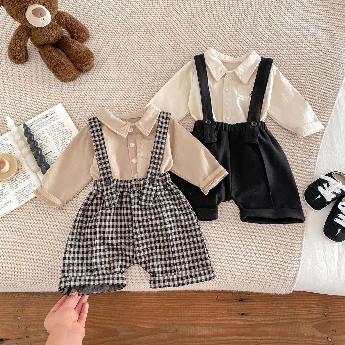 8404 Baby Clothing Set Spring Summer Korean Plaid Casual Strap Pant Or Long Sleeve Shirt Cotton Boys Twopiece 250117