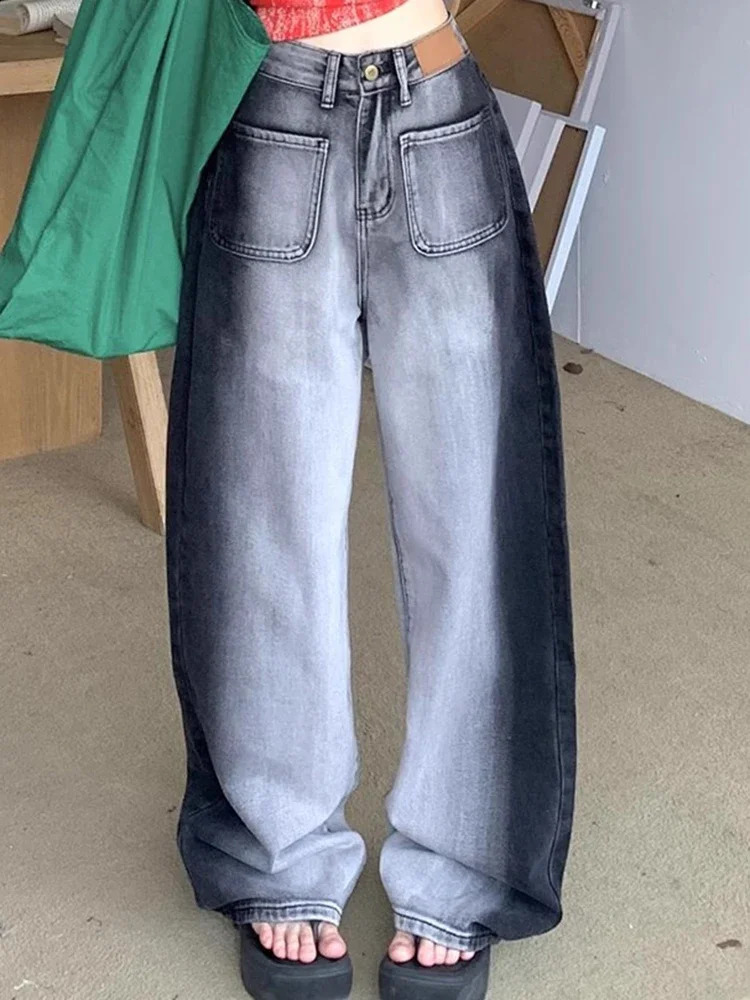 Women High Waist Slim Fit Wide Leg Jeans Girls Street Denim Straight Pants Female Black White Gradient Loose Trousers 250122