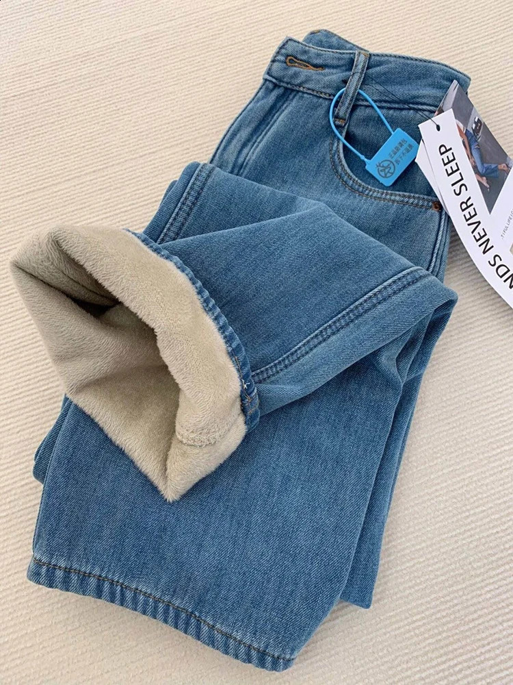 Korea Winter High Waist Baggy Wide Leg Jeans Vintege Plush Velvet Lined Cowboy Casual Vaqueros Fashion Women Denim Pants 250120