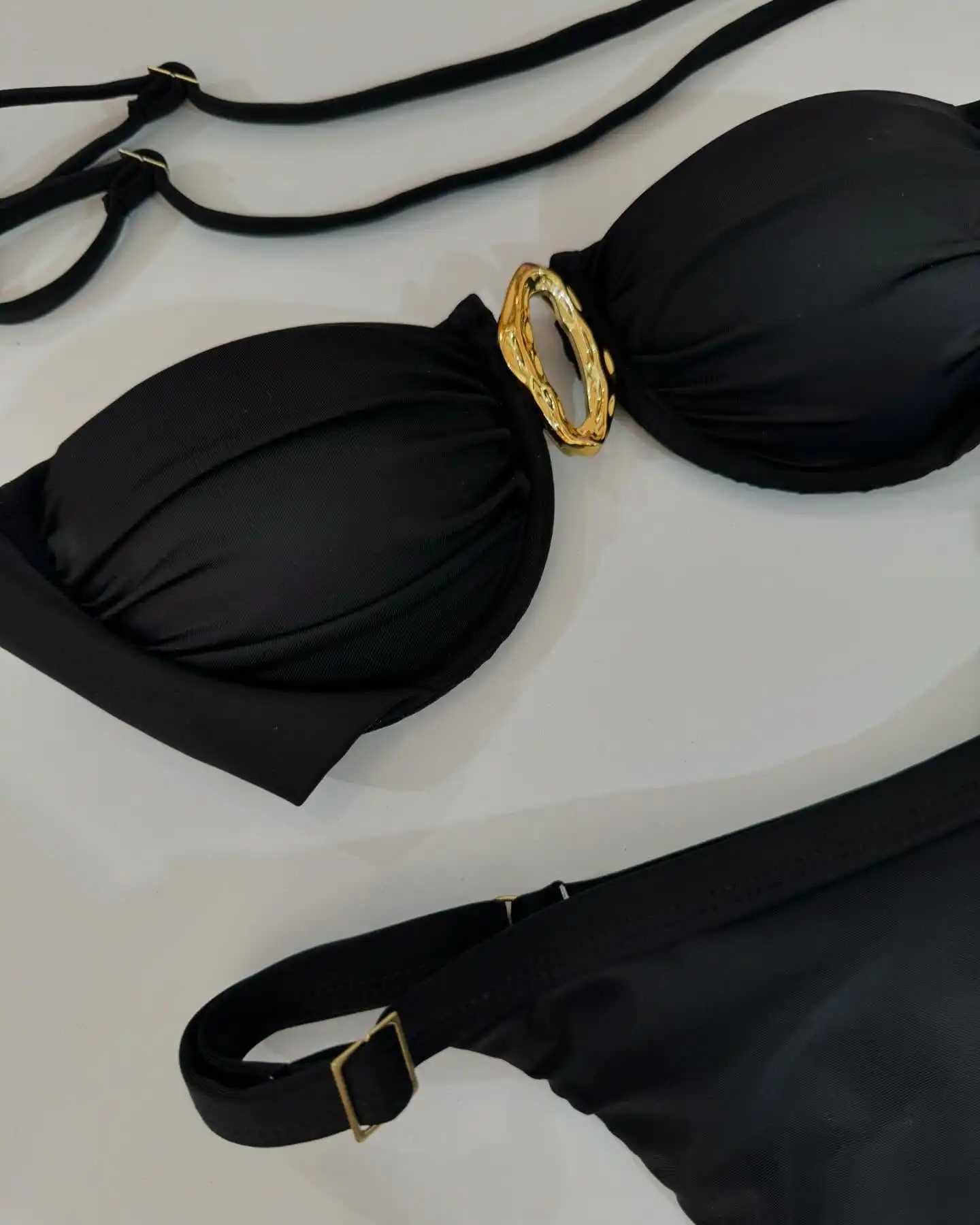 2025 Sexy Black Bikini Set with Gold Ring Detail- Adjustable Straps and High-Cut Bottoms Perfect for Beach Wear and Pool Parties X250203