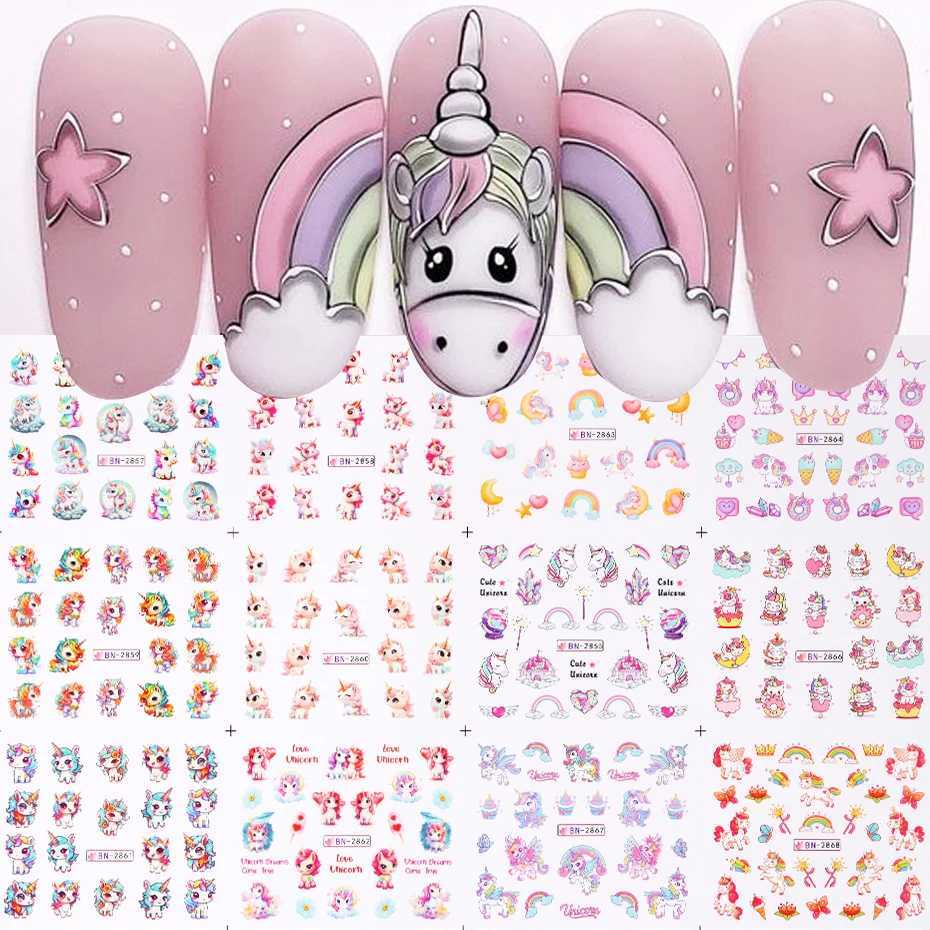 12PCS Cute Unicorn Nail Stickers Rainbow Ice Cream Nail Art Water Transfer Decals Sliders English Letter Decoration Foils TattooXJ250120