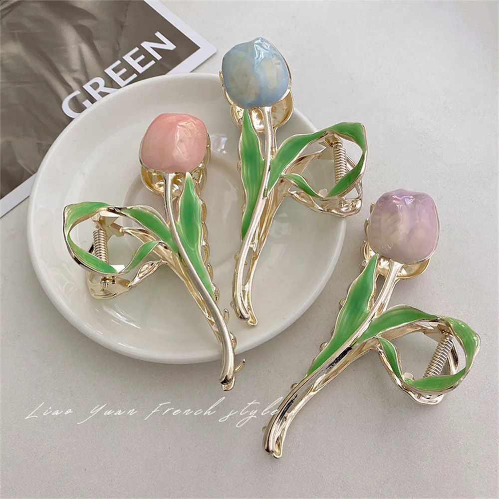Vintage Tulip Flower Hair Claw Clips Women Alloy Makeup Hair Styling Clamp Barrettes Girls Ponytail Shark Hair Claw Barrette 250120