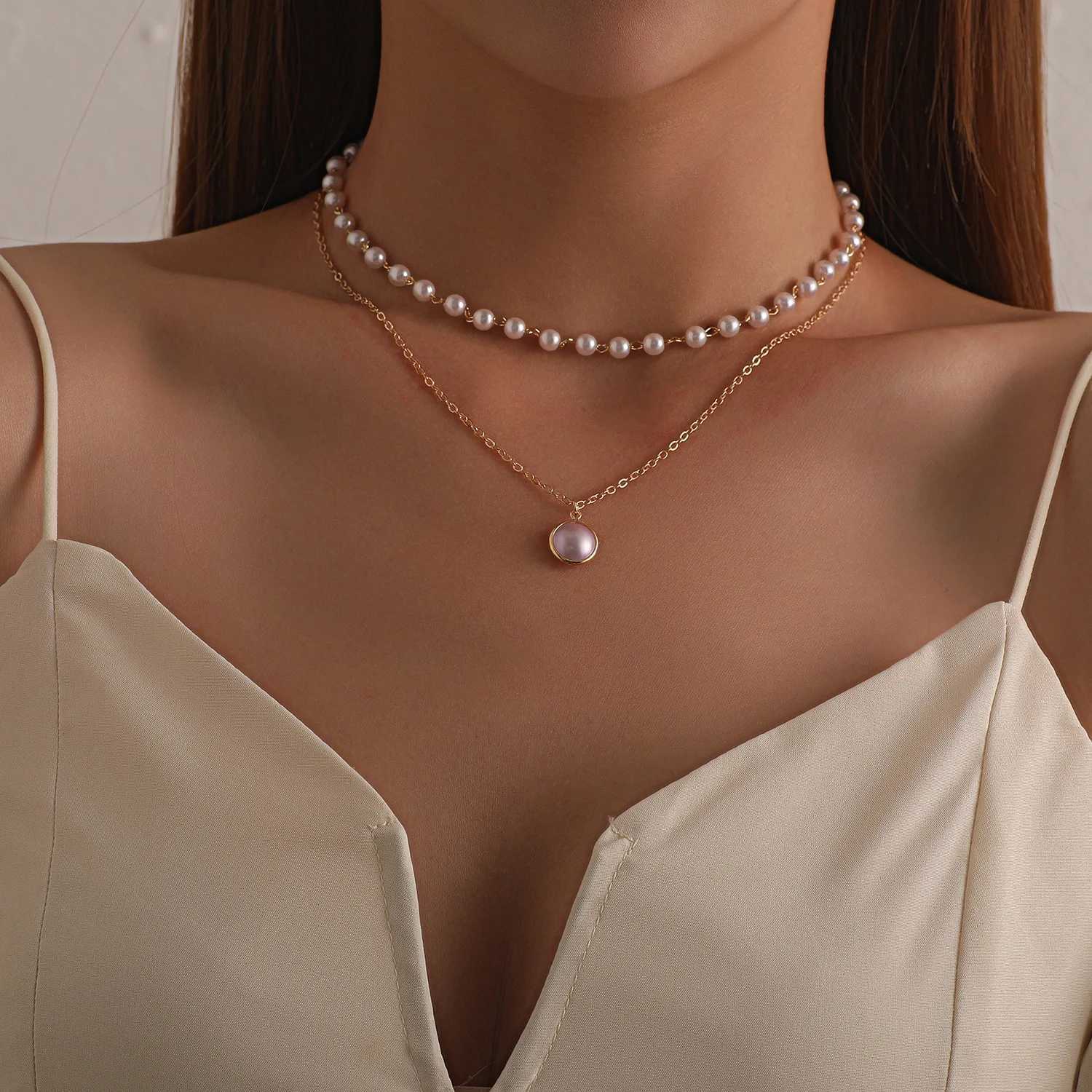 Kiss Jewelry Vintage Gold Color Pearl Beaded Necklace Women Double Chains Pearl Pendant Choker Korean Fashion Collar JewelryXJ250121