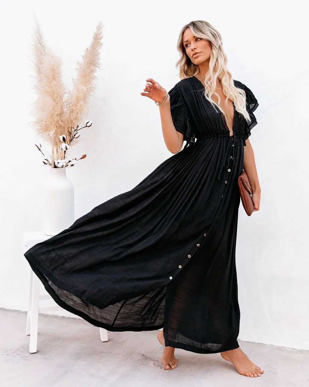 2024 Summer Long Bikini Womens Solid V-neck Kimono Beach Dress Lace Top Anti Sun Swimming Dr Bohemian Saron Skiing W250120