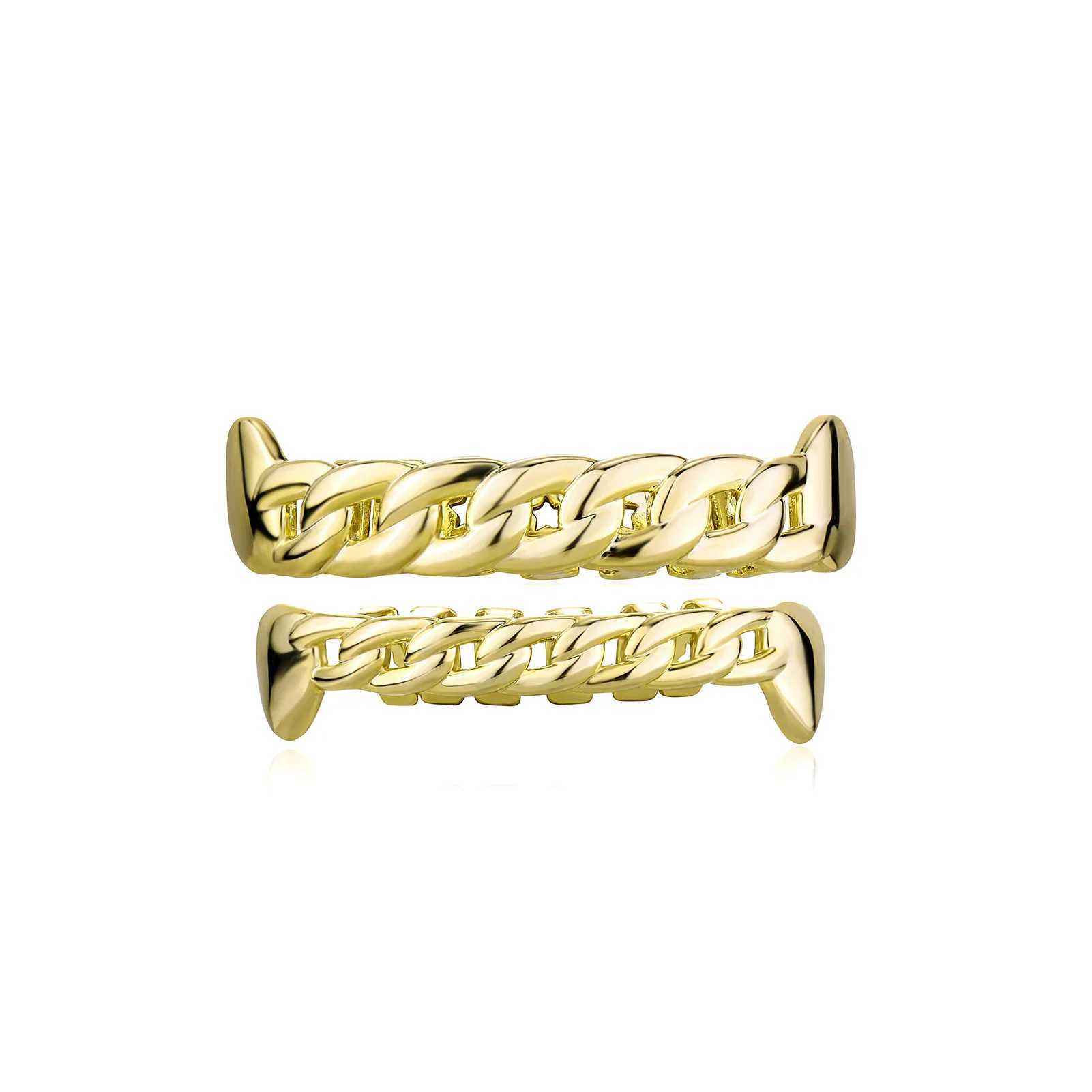 RACHELZ Hip Hop Glossy Cuban Chain Teeth Grillz Top Bottom 14K Gold Plated Hollow Tooth Caps For Women Men Body JewelryXJ250114