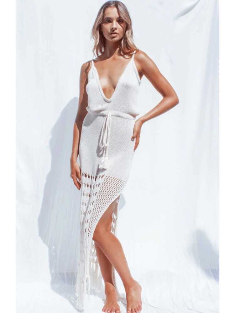 2024 Crochet Lace-up Tassel Bikini Cover-ups Sleeve Loose Summer Beach Dr Women Beachwear Swimsuit Cover Up Sarongs A478 W250120