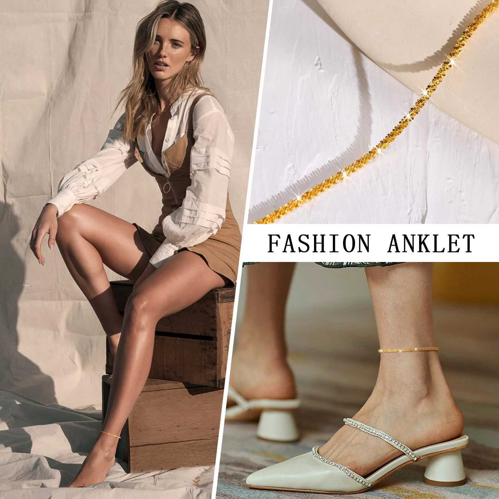 Sparkling Gold Color Anklet Bracelet on Leg for Women Stainl Steel Chain Anklets Shiny Foot Link Adjsutable Set JewelryXJ250121
