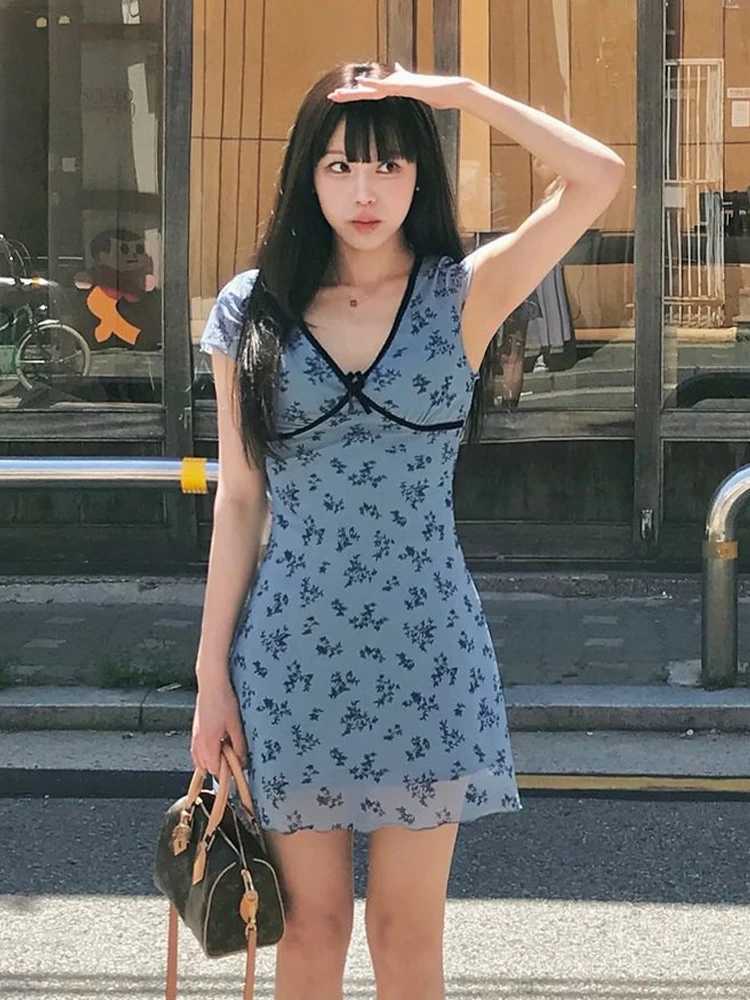 Sexy Mesh Womens Dresses Summer New Fashion V-Neck Bow Short Sve Blue Print Mini Dress Lady Ele Streetwear Knitted DressXJ250115