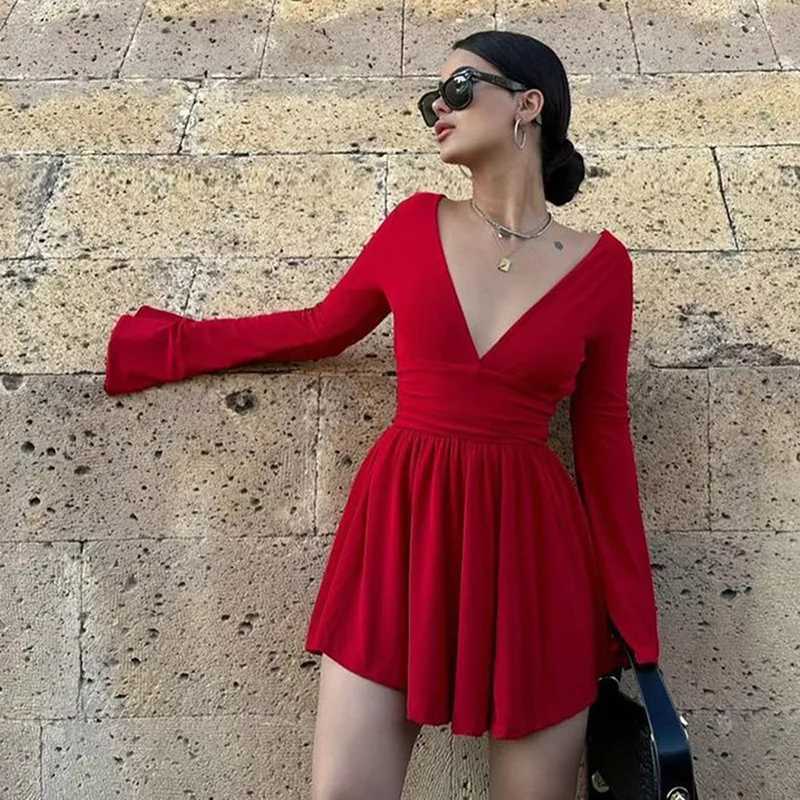 Women Vintage Ele Dresses Deep V Neck Sexy Backless Flared Long Sve Waist Tightening Streetwear Autumn Mini Dress XJ250115