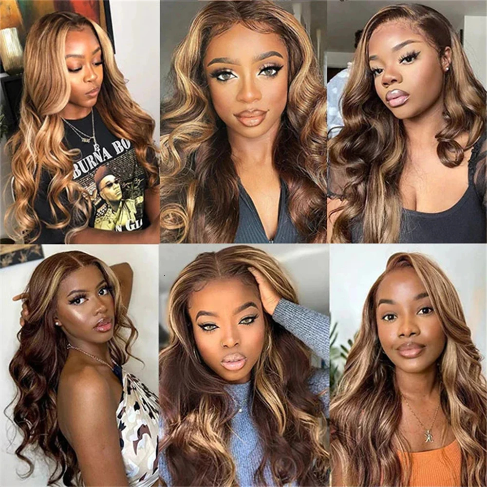 Highlight Body Wave 13X6 Frontal For Women 4/27 Brown Colored 13X4 Transparent Lace Front Human Hair Wig Pre Plucked