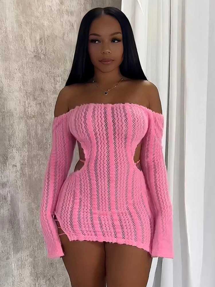 Weird Puss Knit Ele Slash Neck Dress Women Sexy Trend Backless Irregular Skinny Streetwear Midnight Side Hollow Chic BodyconXJ250115