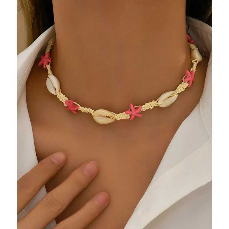 Kiss Jewelry Bohemian Summer Beach Shell Choker Necklace for Women Pink Starfish Seashell Weave Rope Chain Necklace Collar GiftXJ250121