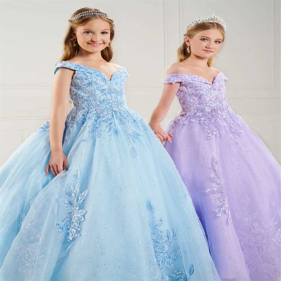 New Sky Blue Flower Girl Dress Elegant Appliqu V-Neck Off-The-Shoulder Graduation Celebration Baptism Pageant Birthday Junior X250203
