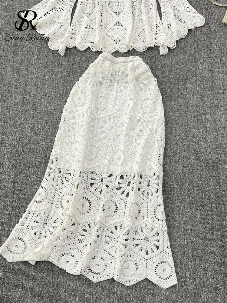 Singreiny Bohemian Vacation Knitted Two Piece Hollow Full Sleeve TopHigh Waist Mermaid Long Sleeve Set 250118