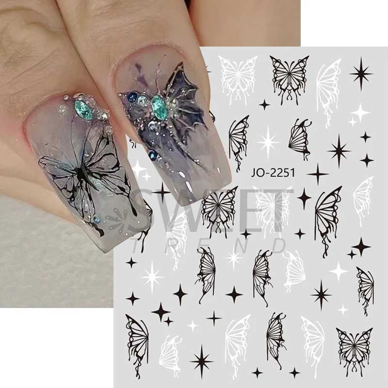 Laser Butterfly Silver Black Nail Art Sticker Hollow Y2K Nails Design Bronzing Star Moon Charms Adhesive Slider Manicure DecalsXJ250120