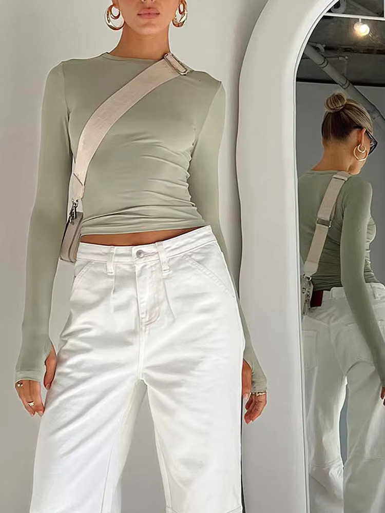 Fashion Women's T-shirt Long Sleeved Round Neck Solid Color Slim Fit Designer T-shirt Women's Crop Top With Thumb Hole Suitable For Daily St