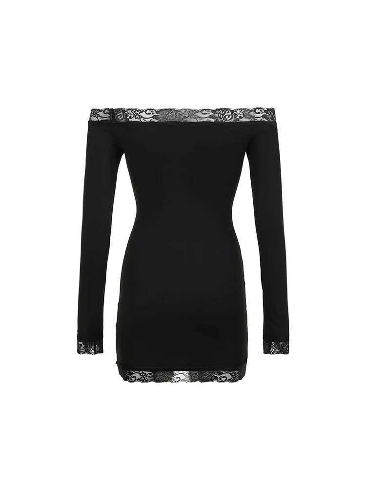 Solid Slim Lace Trim Off Shoulder Long Sve Black Short Dress Women Ele Sexy Party DressesXJ250115