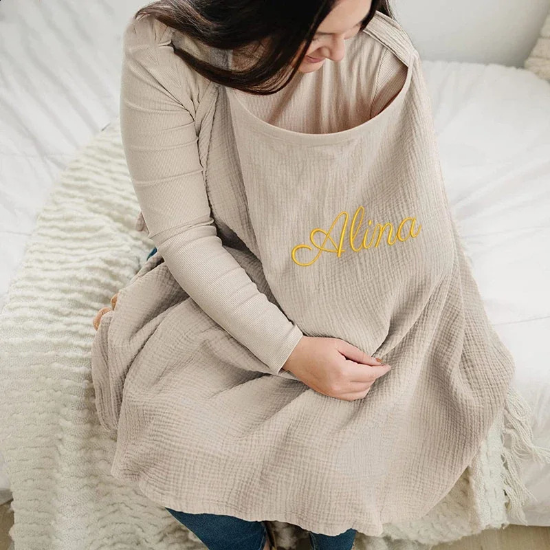 Personalized Name Embroided Baby Breastfeeding Blanket Custom born Nursing Cover Cotton Muslin Maternity Feeding Blanket 250120