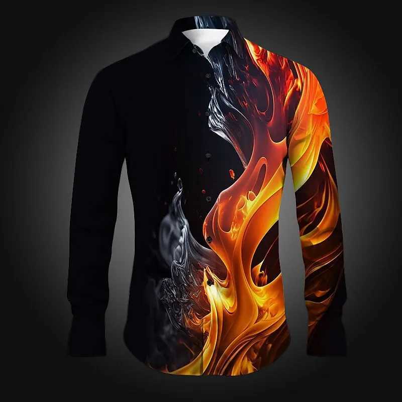 Casual formal wear loose and comfortable longsleeved mens clothing trend high-end mens shirt 3D printed hot flame shirtXJ250121